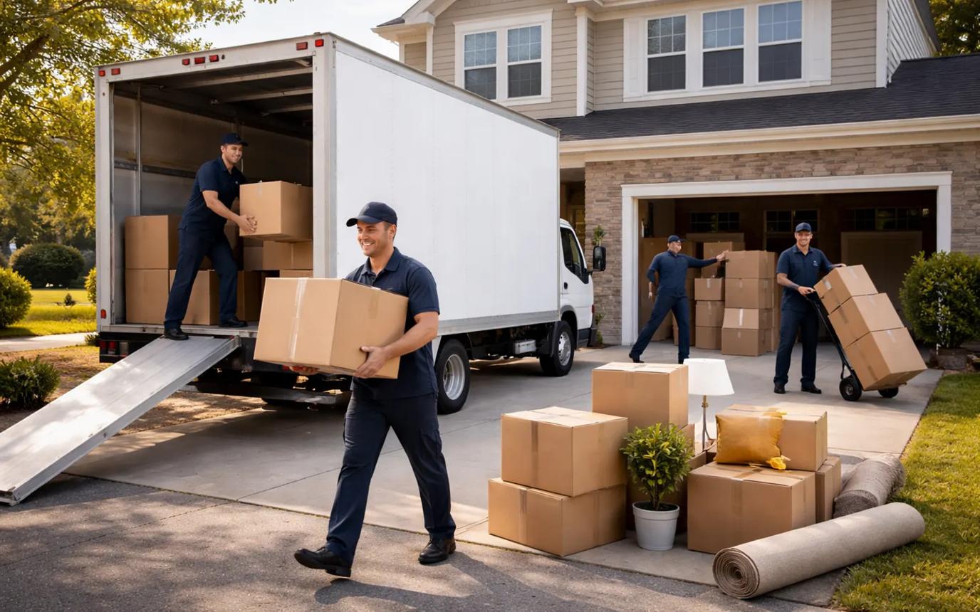 A mover wheeling boxes to a van