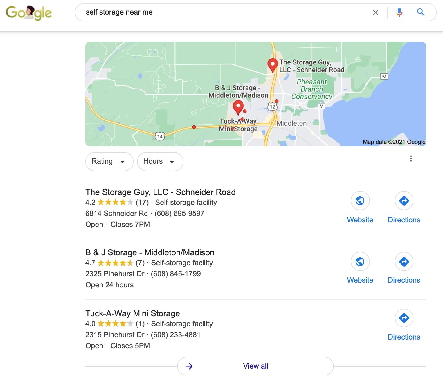 Local map-pack results for a self storage search